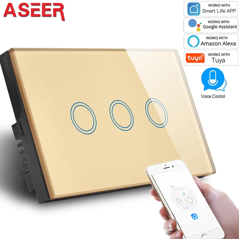 Умный Wi Fi переключатель ASEER Smart Home US 3 Gang 220v панель из закаленного хрустального