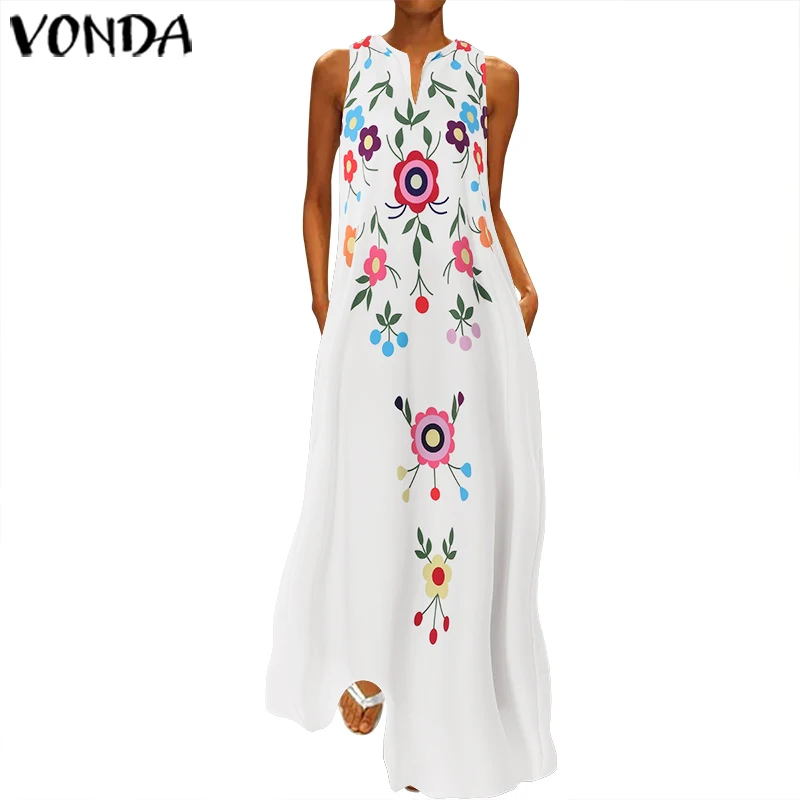 VONDA летнее платье с принтом Vestido, сексуальное длинное платье макси без рукавов богемная Женская одежда для вечеринки свободный вечерние сарафан большого размера S-5XL