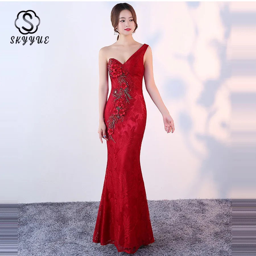 

Skyyue One Shoulder Sleeveless Evening Dress Formal Gown 2019 HH001 Embroidery Floor Length Elegant Robe Soiree Evening Dresses