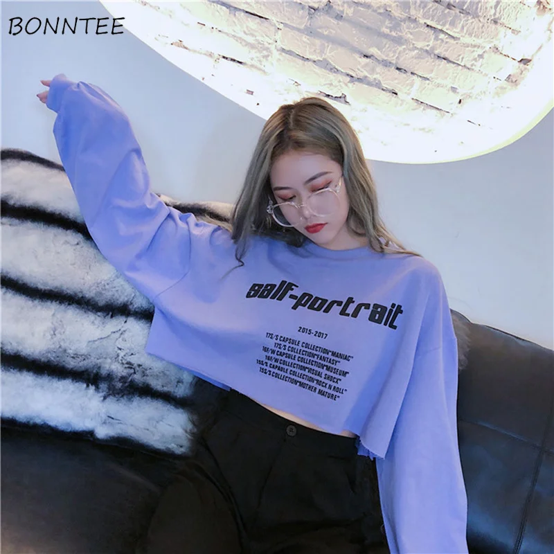  Hoodies Women Cotton Short Elegant Sweet Chic Letter Printed Sweatshirt Lady Korean Loose All-match