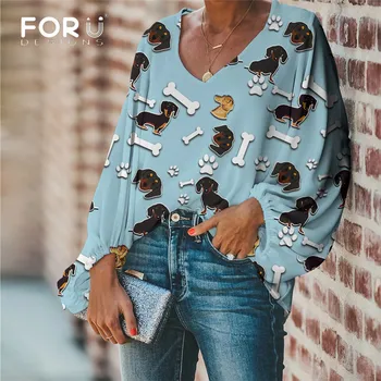 

FORUDESIGNS Cute Dachshund Print Shirt Tops Shirts Casual Loose V-Neck Casual Blouse Lartern Sleeve Femine Clothing