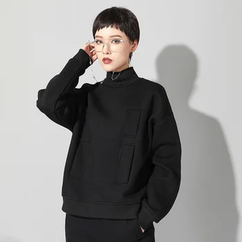 

Vogue T Shirt Women Autumn Stand Collar Long Sleeve Thick Black T Shirt Tops Female Personality Split T Hocus Pocus Shirt Tees