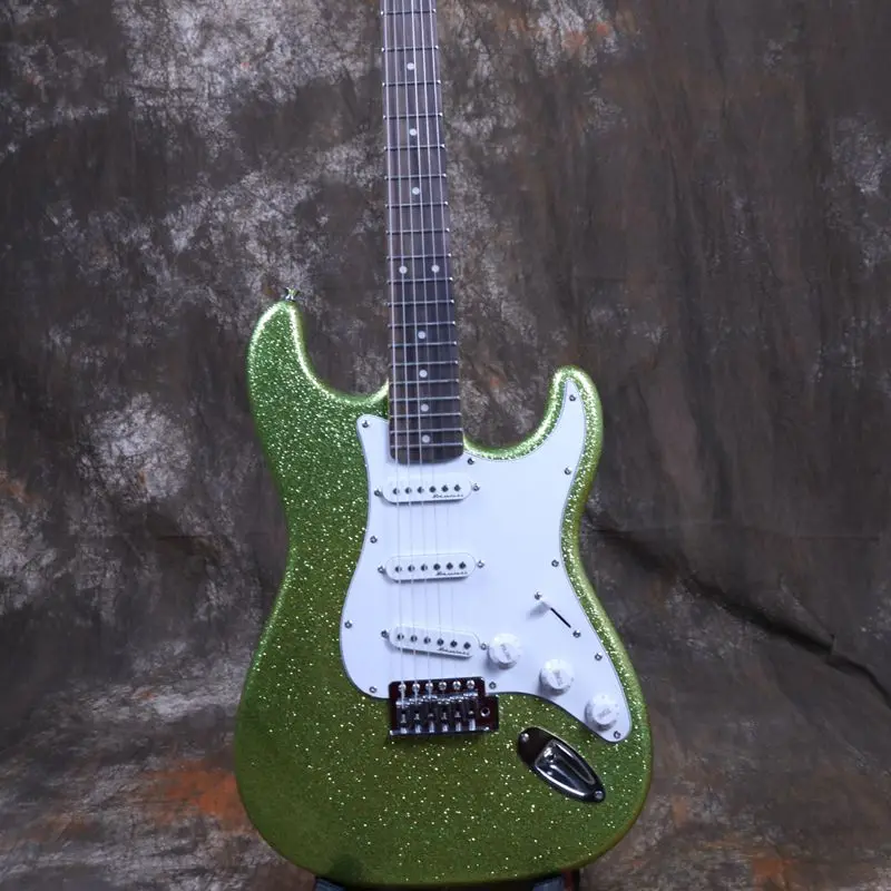 

2019 Starshine New Product ST Electric Guitar Reverse Headstock Metal Green Color Sparkle painting Good Pickups