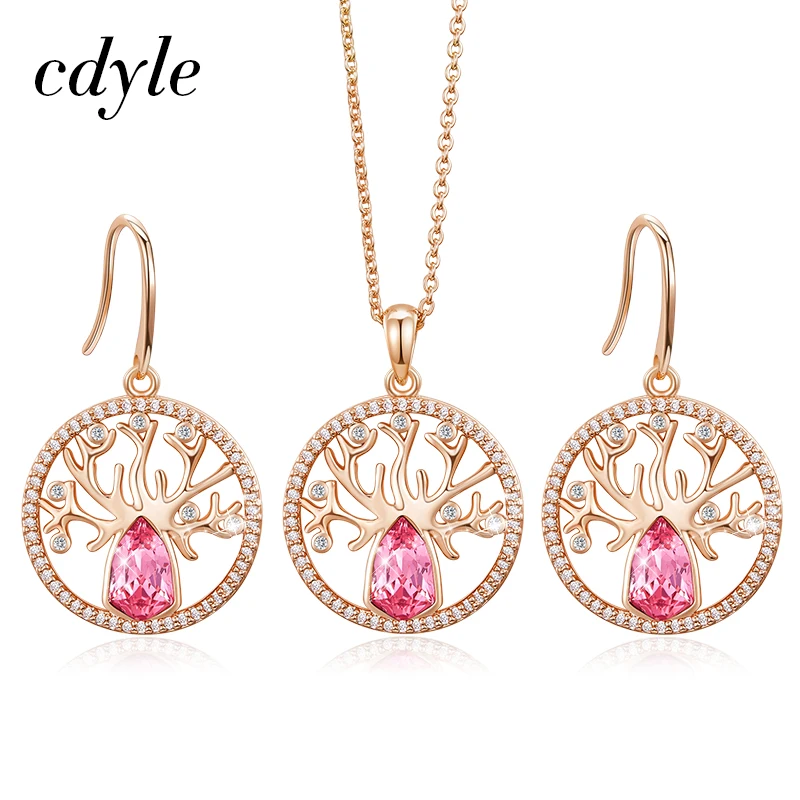 

Cdyle Dubai Gold Jewelry Sets for Women Accessories Tree of Life Charm Earrings Necklace Set with Pink Crystal