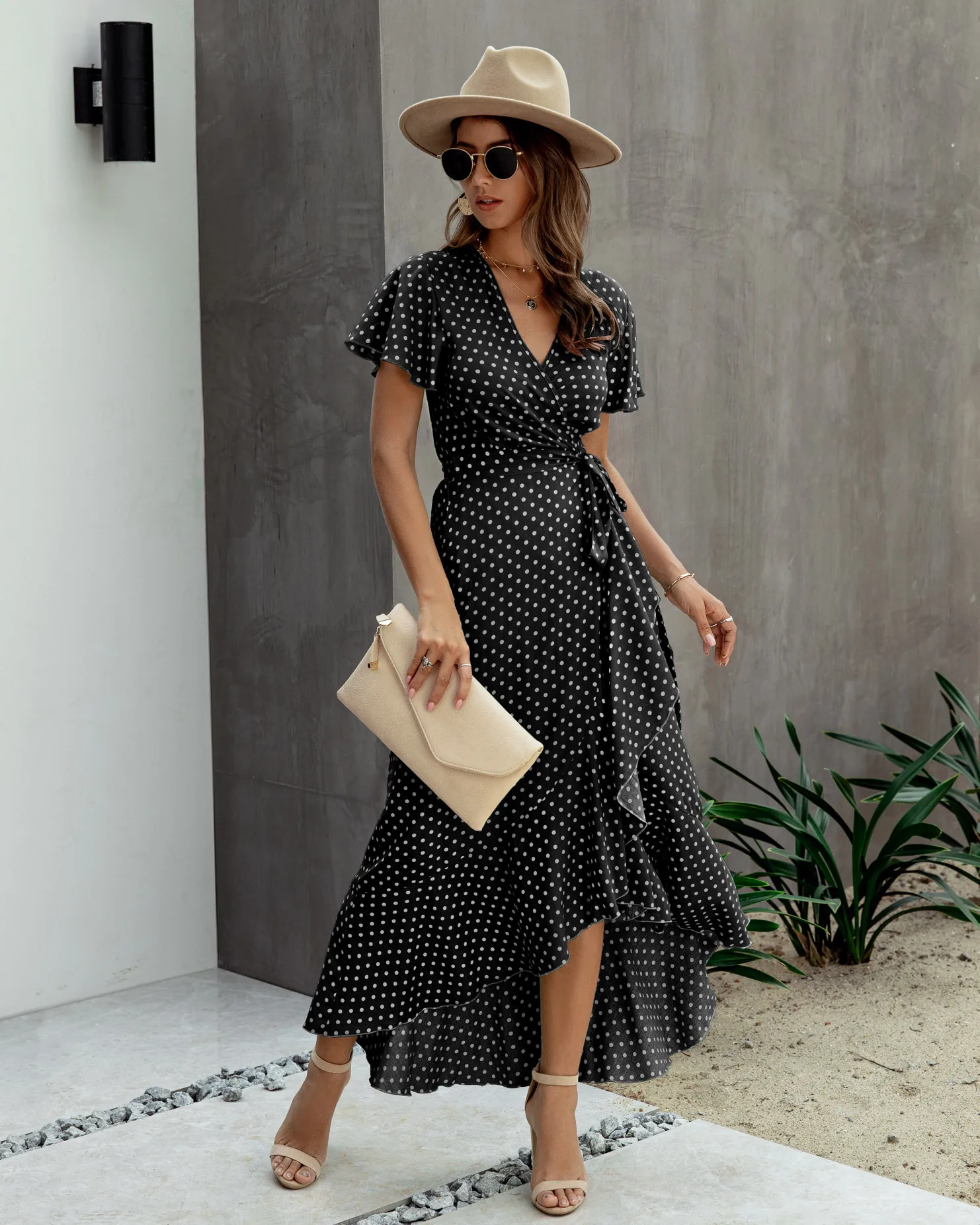 Summer Maxi Dress Women Polka Dot Sexy V Neck Ruffles Short Sleeve Holiday Long Beach Sundress Ladies Lace Up Wrap Party Dresses