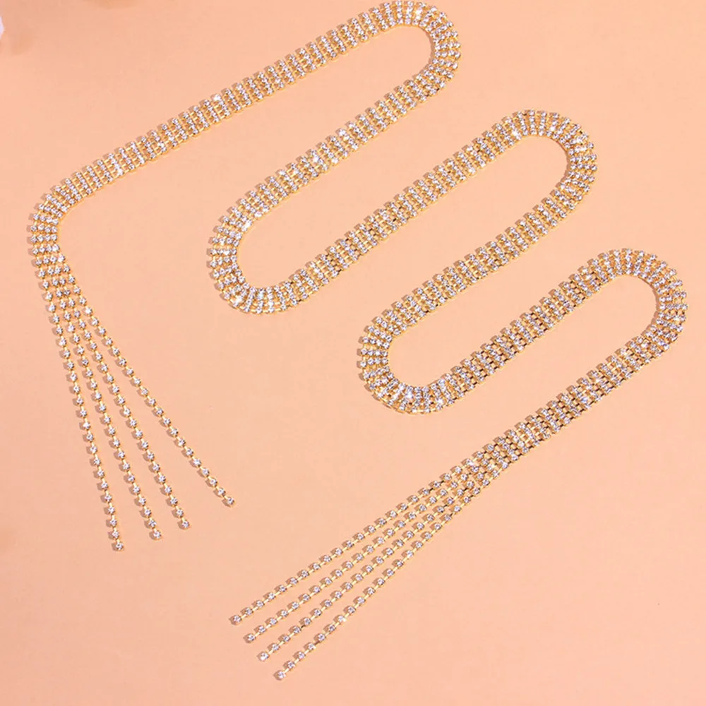 DIY Exaggerated Luxury Rhinestone Long Tassel Choker Necklace Jewelry for Girl Adjustable Crystal Clavicle Chain Collar Necklace