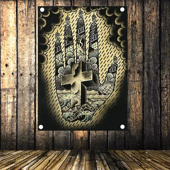 

Classic Old School Tattoo Pattern Nostalgic Retro Banner Hanging Flag Tapestry Studio Living Room Dormitory Wall Decoration
