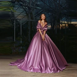 Luxury Purple Off Shoulder Evening Dresses V-neck Satin Prom Ball Gowns  A-line Formal Party Dresses Custom Made Robe De Soiree