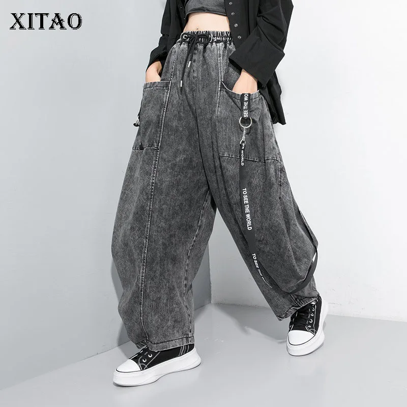 XITAO с буквенным шнурком длинные брюки женские модные Карманные эластичные талии свободные элегантные маленькие свежие широкие брюки GCC2109