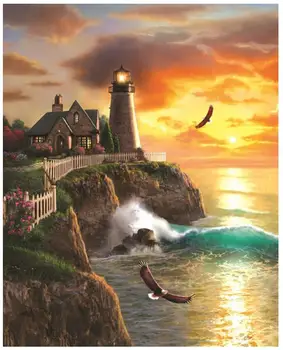 

Seaside Embroidery Mosaic Craft Lighthouse Diamond Painting Kits Crystal Picture Wall Paper Rhinestone Drawing Christmas Gift