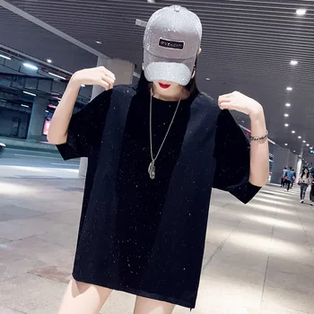 

Mid Length Printe Half Sleeve Tee Women's Casual Loose Tshirt Girl Cotton Plus Size Black Top Female Korean T Shirt 2020 Summer