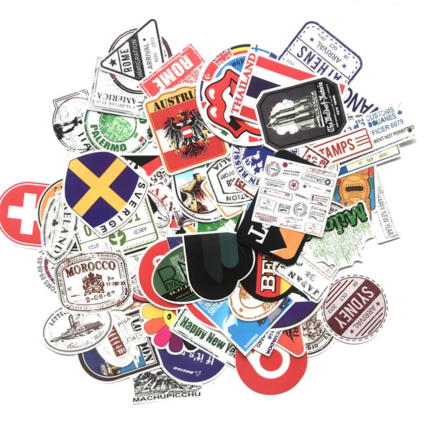 100 шт./лот почтовые марки тематическая страна с известным логотипом Buliding слова мультфильм Граффити наклейки для чемодана тележки случае
