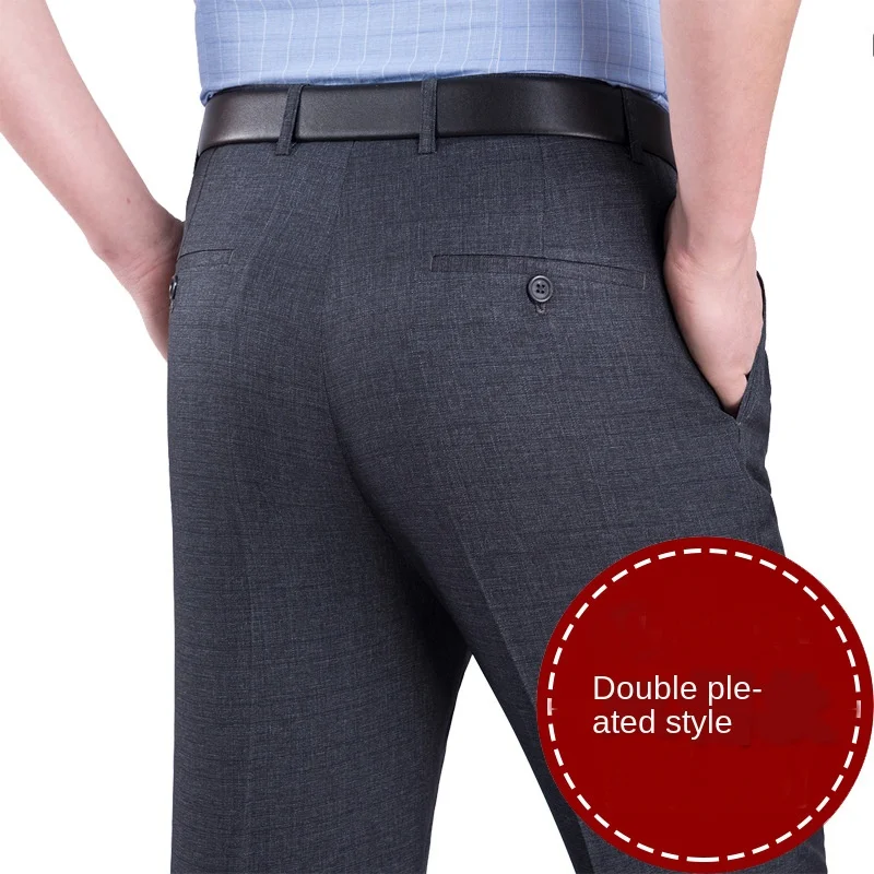 Double Pleated Men Suit Pants High Waist Straight Loose Office Formal Dress Trouser for Man Black Gray Big Size 40 42 44