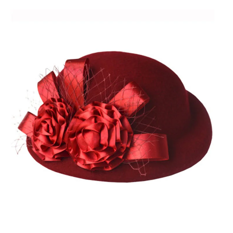 Wine Red FS элегантная женская Кепка из котелок из шерсти, винтажная Цветочная вуаль, фетровые шляпы, котелок, шляпы для похода в церковь, Дамская Кепка, 10 цветов - Цвет: Wine Red