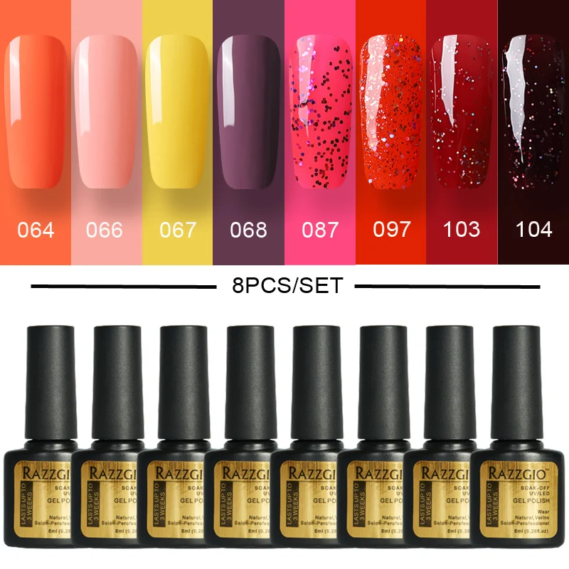 

Набор гель-лаков RAZZGIO, 4/6/8 шт., блестящий полуперманентный Гибридный Гель-лак, набор для маникюра, базовой и верхней звезды