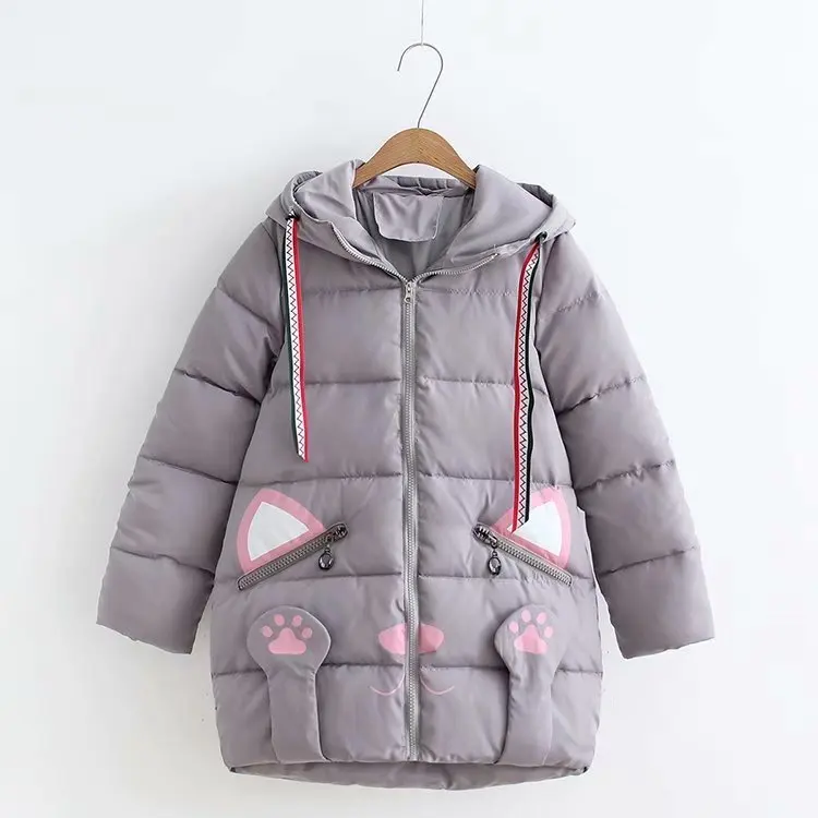 

Winter New Style Japanese-style GIRL'S Cute Cat Printed Stereo Claw Mid-length Hooded Thick Cotton-padded Clothes S25303