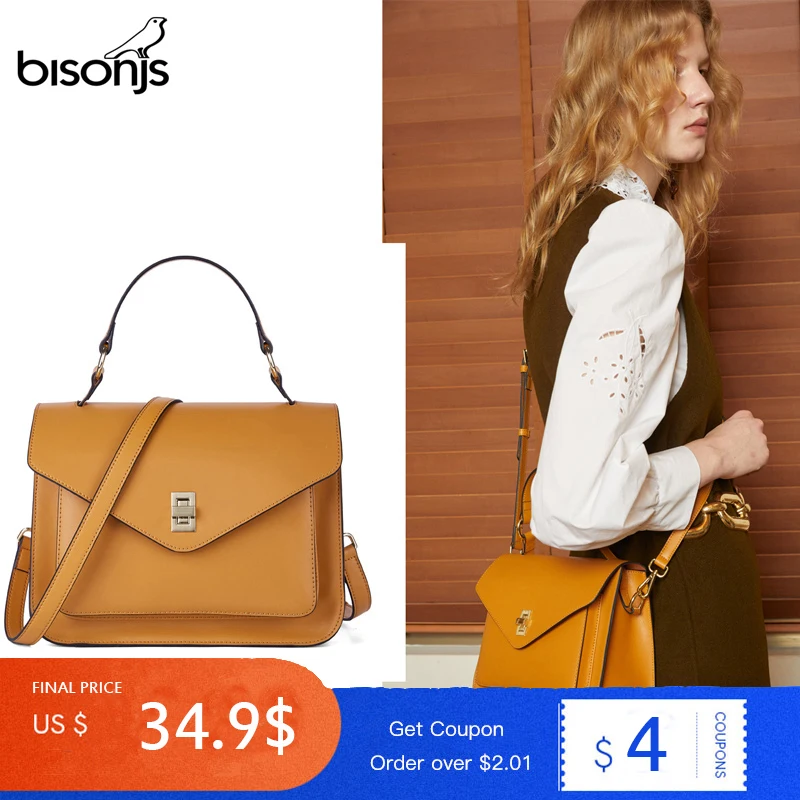 BISONJS женская сумка из коровьей кожи винтажная женская сумка 2020 роскошные сумки женские сумки через плечо дизайнерская женская сумка на плечо B1930|Сумки с ручками| | АлиЭкспресс