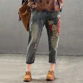 

2020 Women Spring Fashion Denim Jeans Vintage Cartoon Print Female Casual Frayed Pants With Pockets Straight Trousers