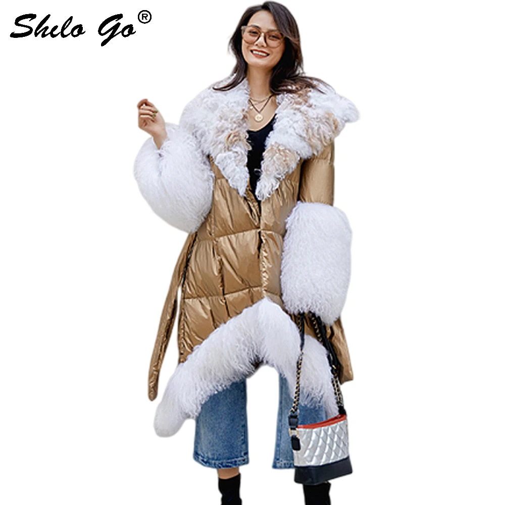

Fur Down X-Long Coat Lamb Fur Collar Detail Wrap Belted Mongolia Sheep Fur Hem and Cuff Asymmetry Coat Women Winter Fur Outwer