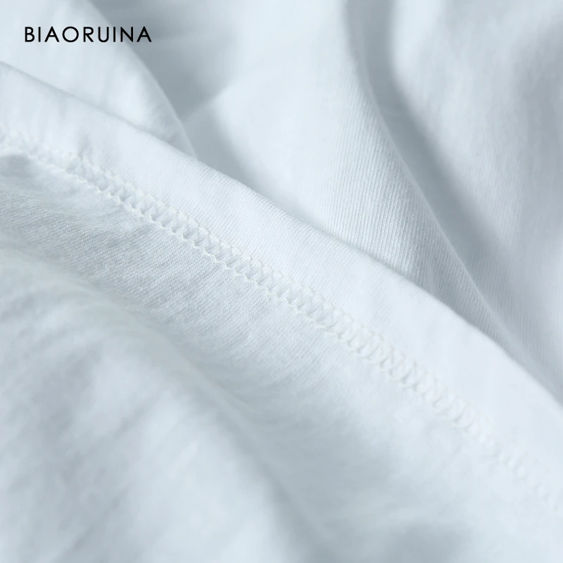 BIAORUINA, Женская хлопковая белая однотонная Повседневная Универсальная футболка с круглым вырезом, Женская Базовая летняя футболка с коротким рукавом, топы