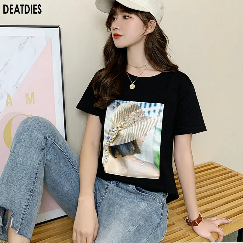 

Korea Fashion Beading Summer Short Sleeve T-shirt Vintage O-Neck Casual T Shirts Women Funny Harajuku T-Shirts Tops New 2020