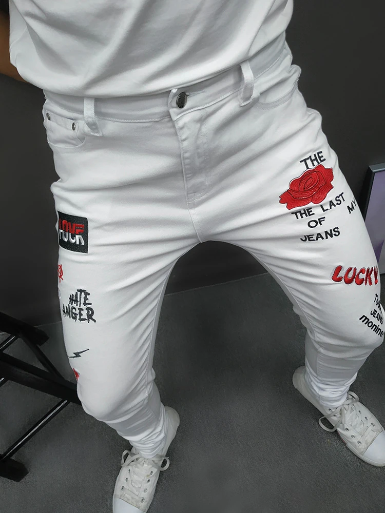 White Jeans Men Stretch Slim Fit Letter 