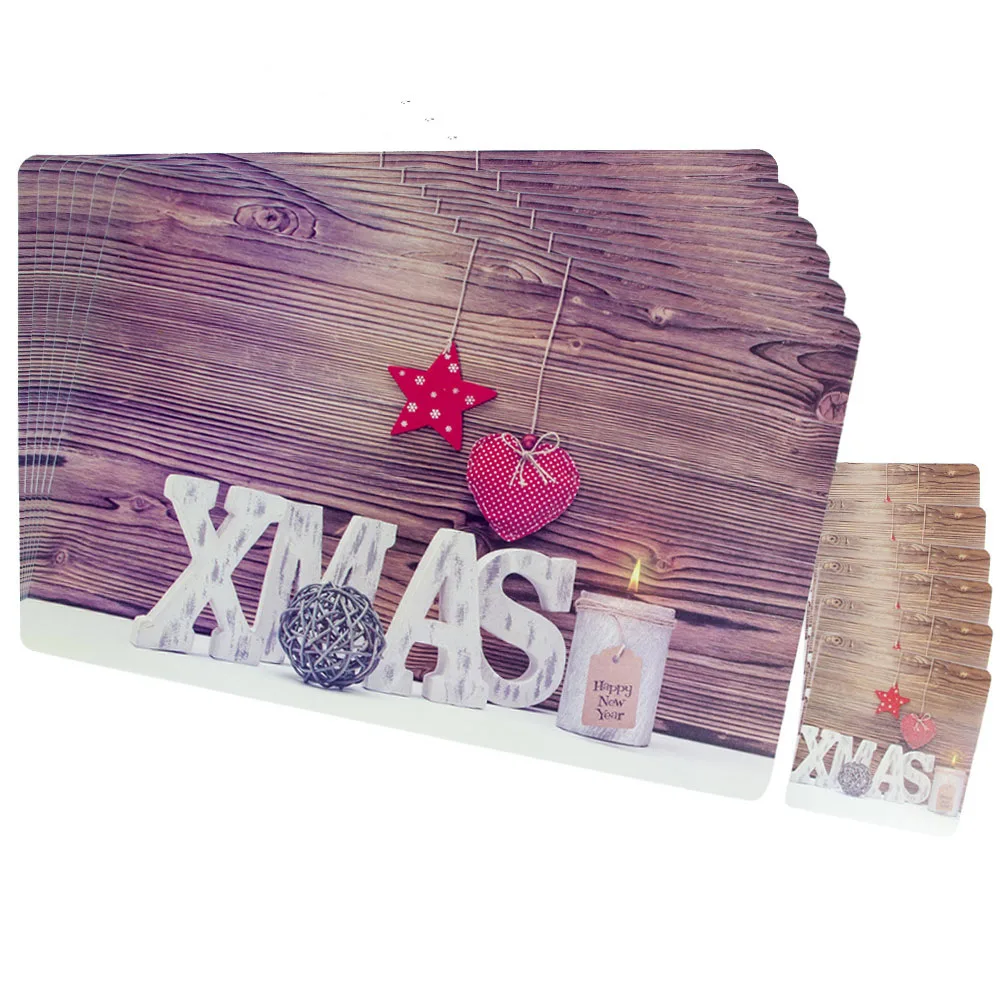  creative christmas PVC Printing 6pcs Placemats + 6pcs Coasters Table Insulation Pad Christmas Decor