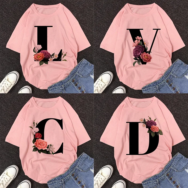 

26 English Alphabet Print Tshirt Harajuku Casual Pink Tops T Shirt Women 2024 New Summer Couples Lovers Female T-Shirt