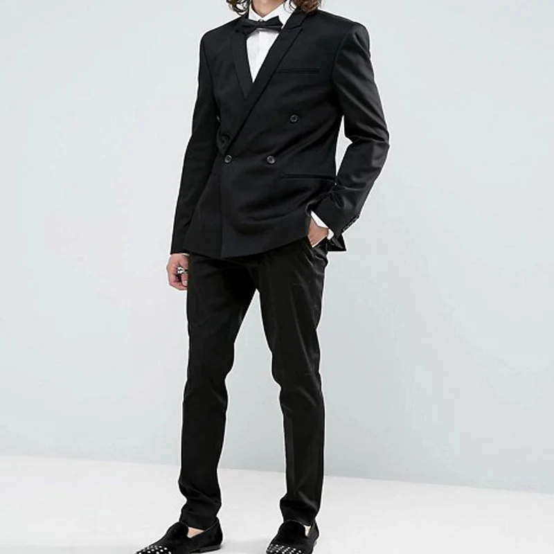 

New Double Breasted Black Men Business Suits Two Piece Notched Lapel Custom Made Wedding Groom Tuxedos (Jacket + Pants) 309