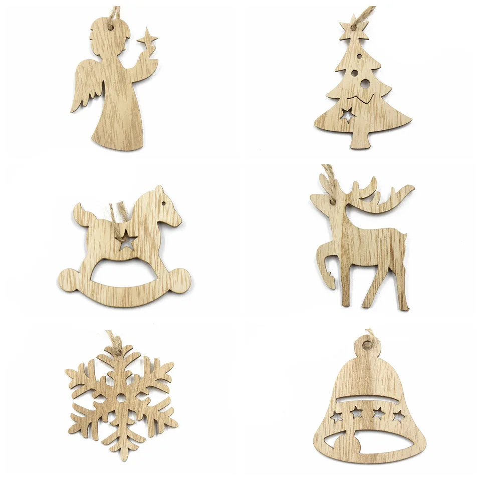 Wood color mixed 6pcs DIY White&Red Snowflakes Christmas Wooden Pendants Ornaments For Xmas Tree Ornaments Christmas Party Decorations Kids Gift - Цвет: Wood color mixed