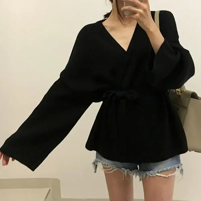Новые осенние и зимние кардиганы, короткие вязаные женские свитера, однотонные свободные свитера с поясом, кардиганы