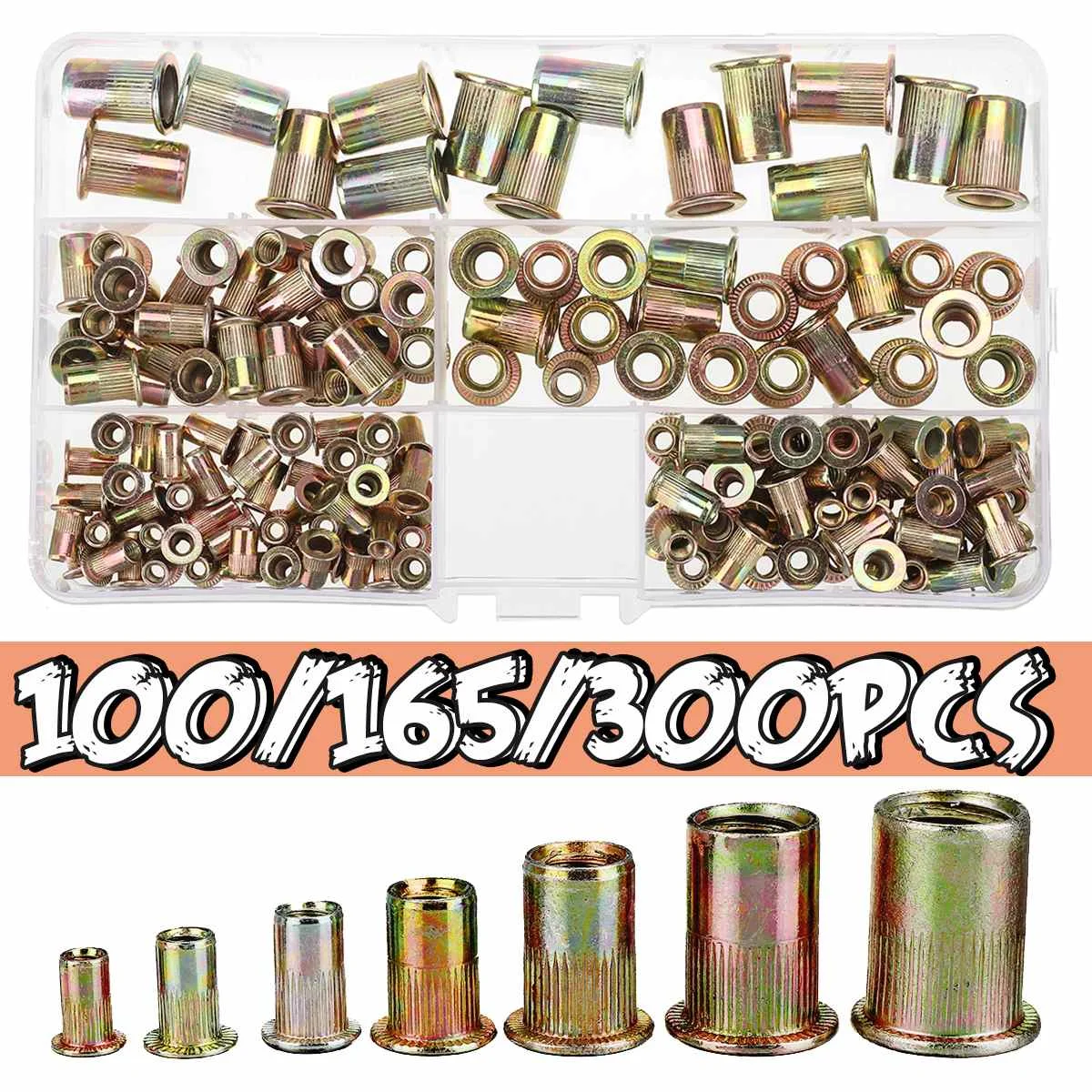 100/165/300 PCS Carbon Steel Zinc Plated Rivet Nuts Flat Head Threaded Rivet Insert Nutsert Nut Assortment Kit M3 to M12