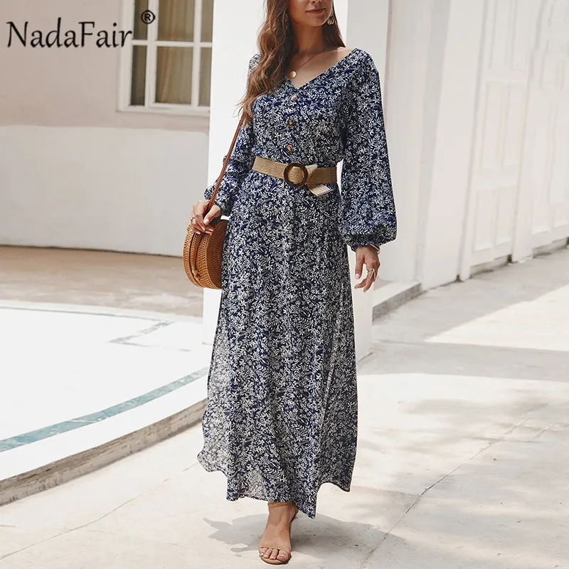 Женское винтажное платье Nadafair, длинное платье с высокой талией и рукавом фонариком в стиле ретро, лето 2019|Платья|   | АлиЭкспресс