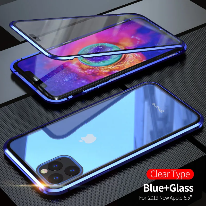 Магнитный чехол Tongdytech для Iphone 11 Pro XS MAX X 7 8 Plus, металлический чехол для телефона, двусторонний чехол из закаленного стекла 360, чехол s - Цвет: Blue