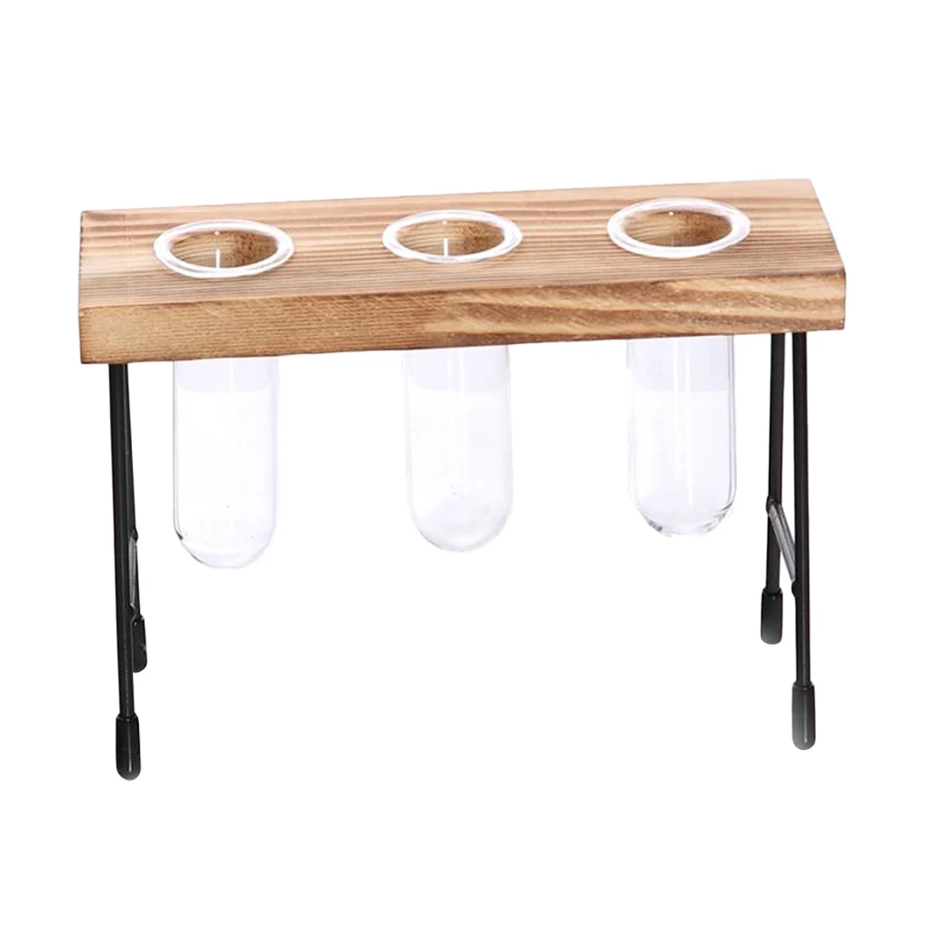 Clear Glass Vase Hanging Plant Terrarium with Retro Solid Wooden Stand for Hydroponics Plants Home Decor
