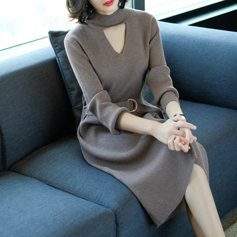 

2020 Autumn And Winter New Style WOMEN'S Dress Sweater Dress-Style Slim Fit over-the-Knee Mid-length Long-sleeved Dress