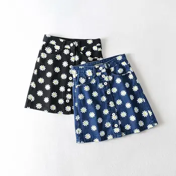 

Women's Denim Casual A-line Skirt Lovely Floral Girls England Style Skirt High Waist Mini Skirts Female Black Blue Mini Skirts
