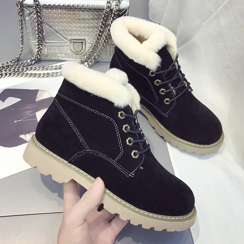 E TOY WORD Women's snow boots 2019 new short boots winter plus velvet warm boots lace up flat Martin boots fur shoes women