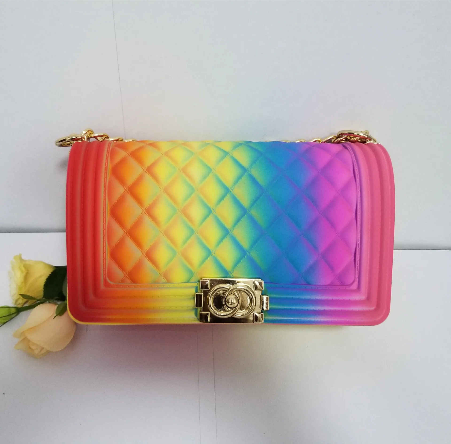 Diamond Lattic Colorful PVC Women Phone Jelly Bag Rainbow Flap Cover Messenger Bag Women Fashion Street