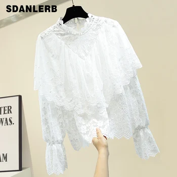 

Crochet Lace Blouse Women Stand-Collar Apricot Lace Shirt Girls Ladies Fashion Beaded Lace Blouses Spring Fall Top Blusas 2020