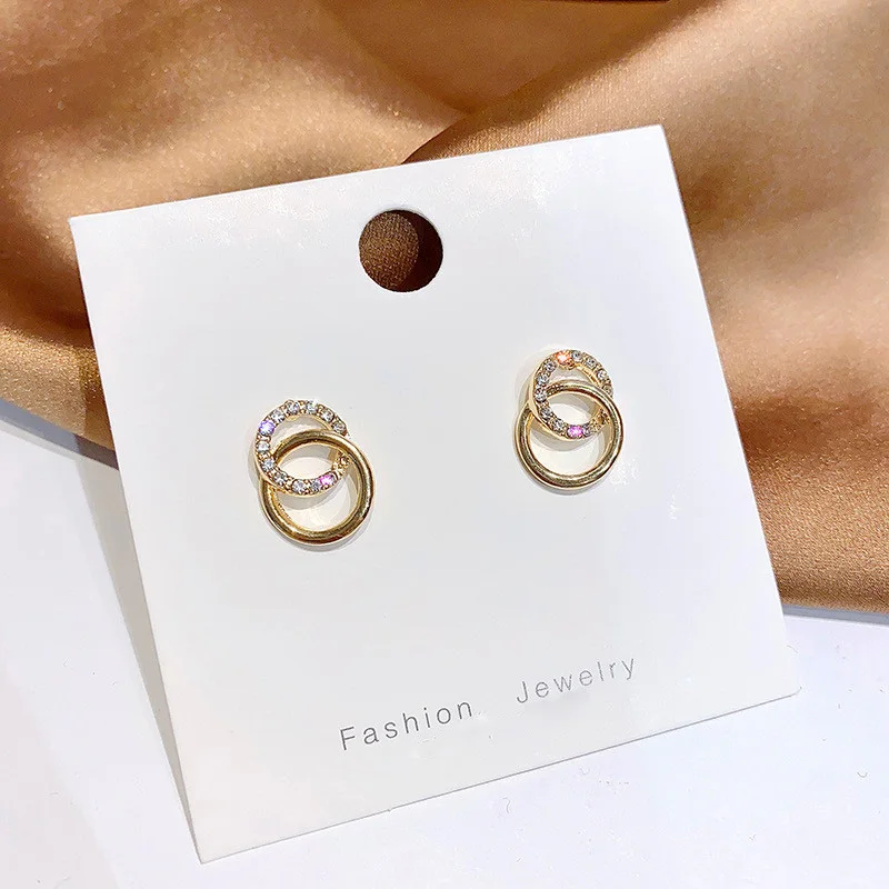 

Simple Double Circle Rhinestone Drop Earrings Geometric Gold Color Metal Earring Women Girls Party Fashion Jewelry Gifts 2020