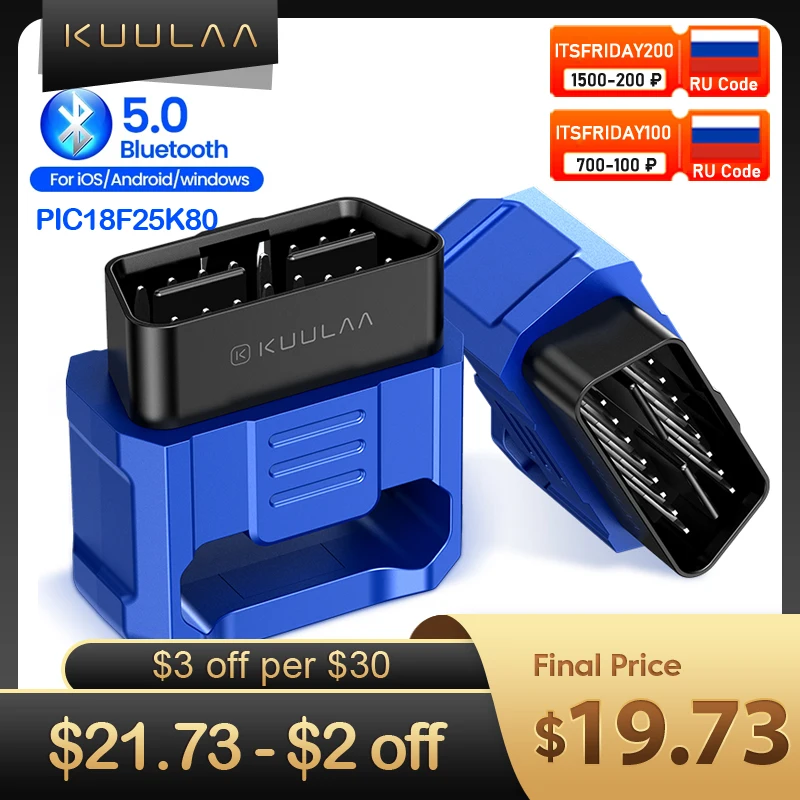 Автомобильный диагностический инструмент KUULAA ELM327 OBD2 ELM 327 V2.2 сканер Bluetooth 5 0 OBDII OBD 2