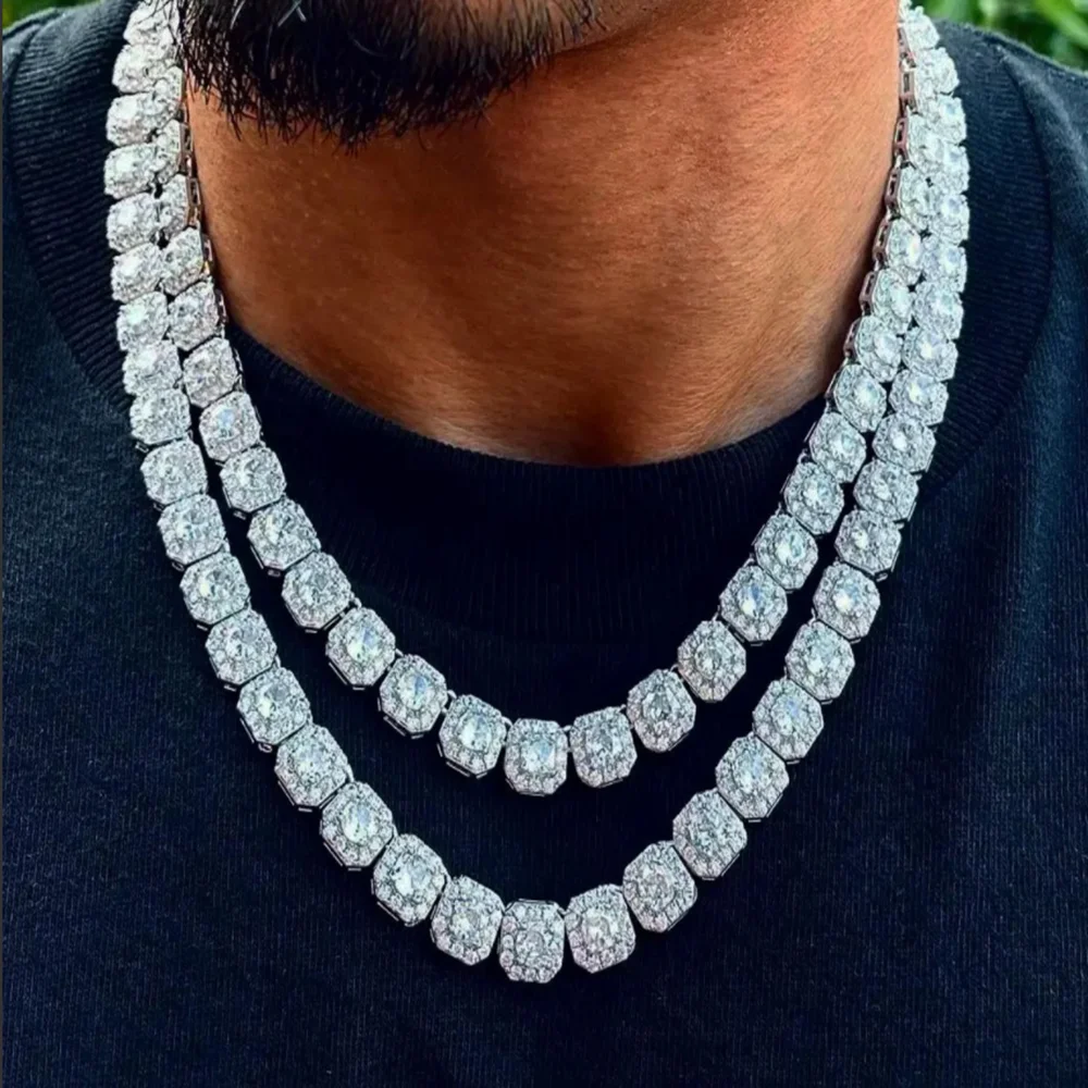 Collar de cadena cubana de cristal cuadrado rosa para hombres y mujeres