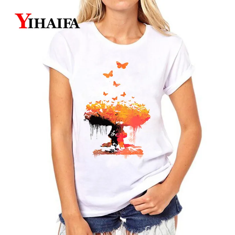 

YIHAIFA Casual Women T-shirt Colorful Tree Printing Graphics Tee Stylish Short sleeve White T Shirts Pullover Tops