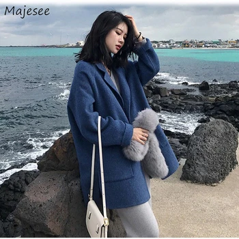 

Wools Women Winter Thicker 2XL plus size Blue Korean Style Harajuku Woolen Womens Blends Mid-long All-match Casual Coat Fashion