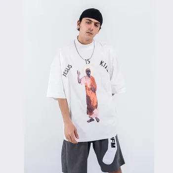 

Men Streetwear Fashion Hip Hop Loose Short Sleeve Print T-shirt Male Half Turtleneck Black White Tee Shirt