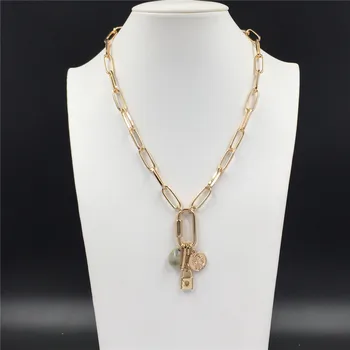 

Lovely Gold Color Plating Lock Engraved Coin Natural Shell Charm Hanging ON Clip Necklace For Women Girl Trendy Chic Jewelry