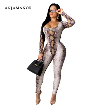 

ANJAMANOR Snake Skin Print Sexy Long Sleeve 2 Piece Set Women Bodycon Outfits Club Wear Bodysuit and Pant Matching Sets D91-AD45