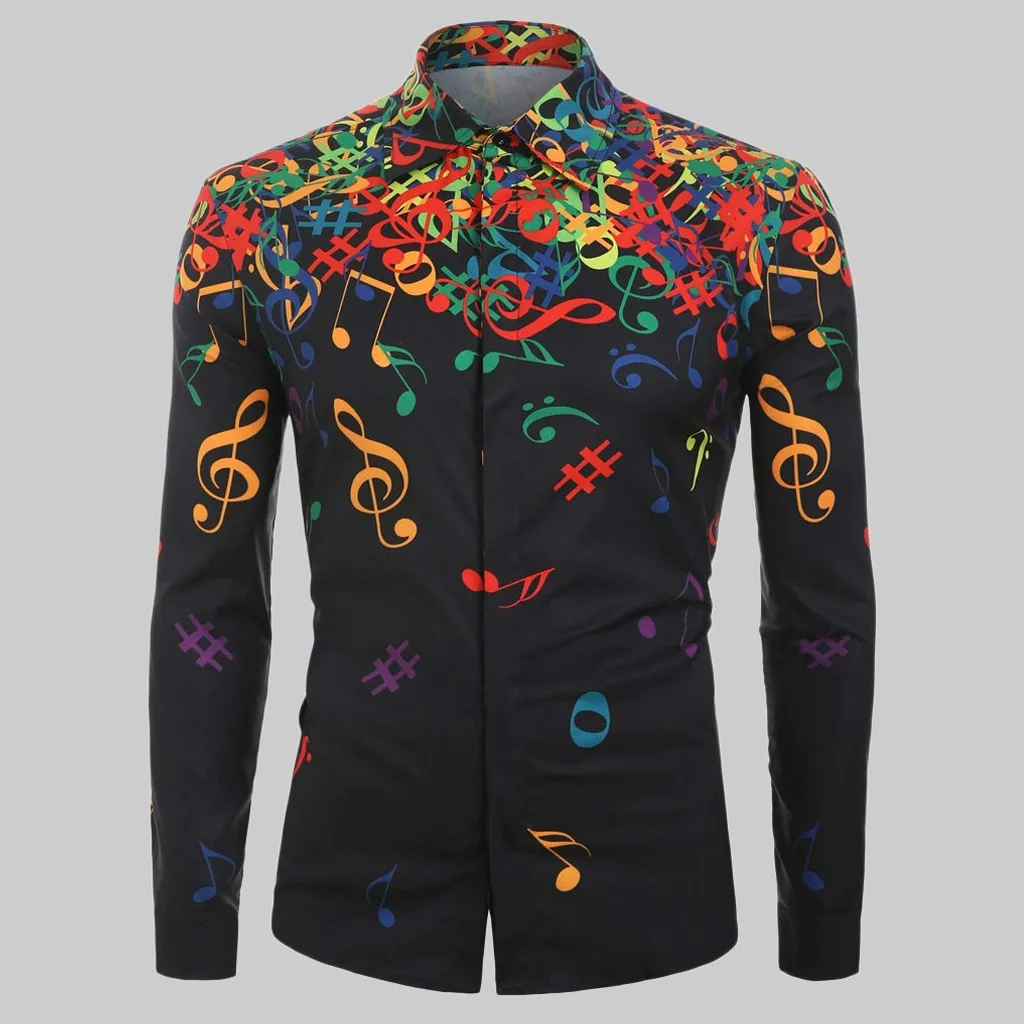 

Music Men Casual Shirt Fall 2019 Novelty Musical Note Pattern Tops Male Black Long Sleeve Shirt Halloween Elegant Tunic#G7
