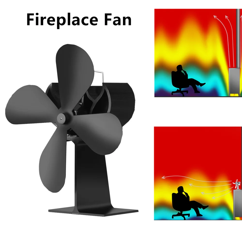 4 лопасти вентилятор для печи, работающий от тепловой энергии бревна деревянная горелка Ecofan тихий черный Домашний Вентилятор для камина эффективное распределение тепла 7,5 дюймов